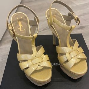 YSL patent leather beige Tribute peep toe platform